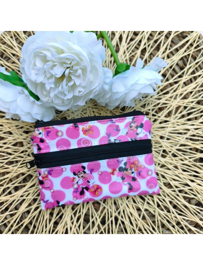 Porta-moedas pequeno em tecido plastificado impermeável, padrão da Minnie, com duas bolsas e fecho, ideal para dinheiro e cartões. 