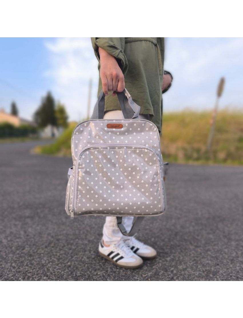 Mochila Lancheira - Cinzenta com Bolas  Brancas