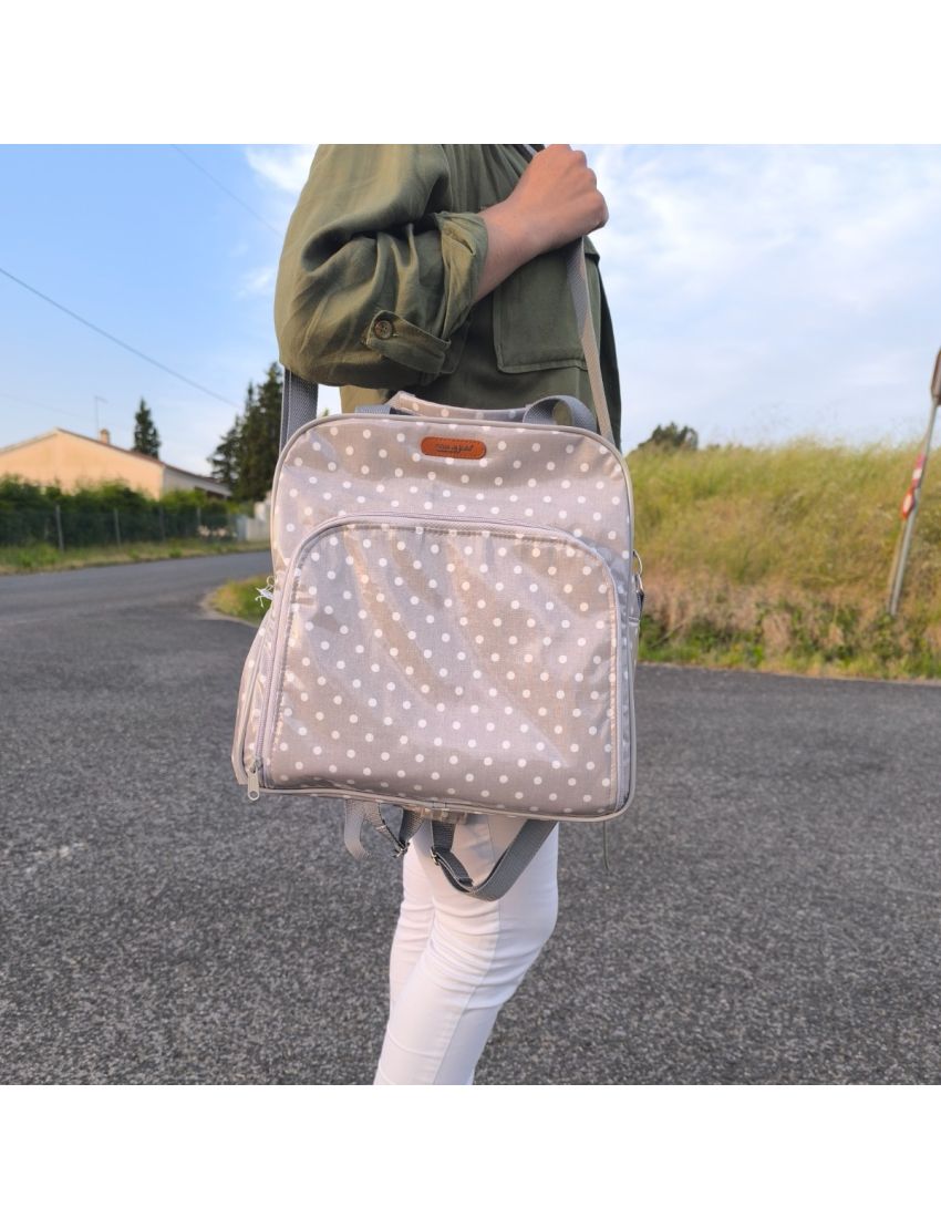 Mochila Lancheira - Cinzenta com Bolas  Brancas