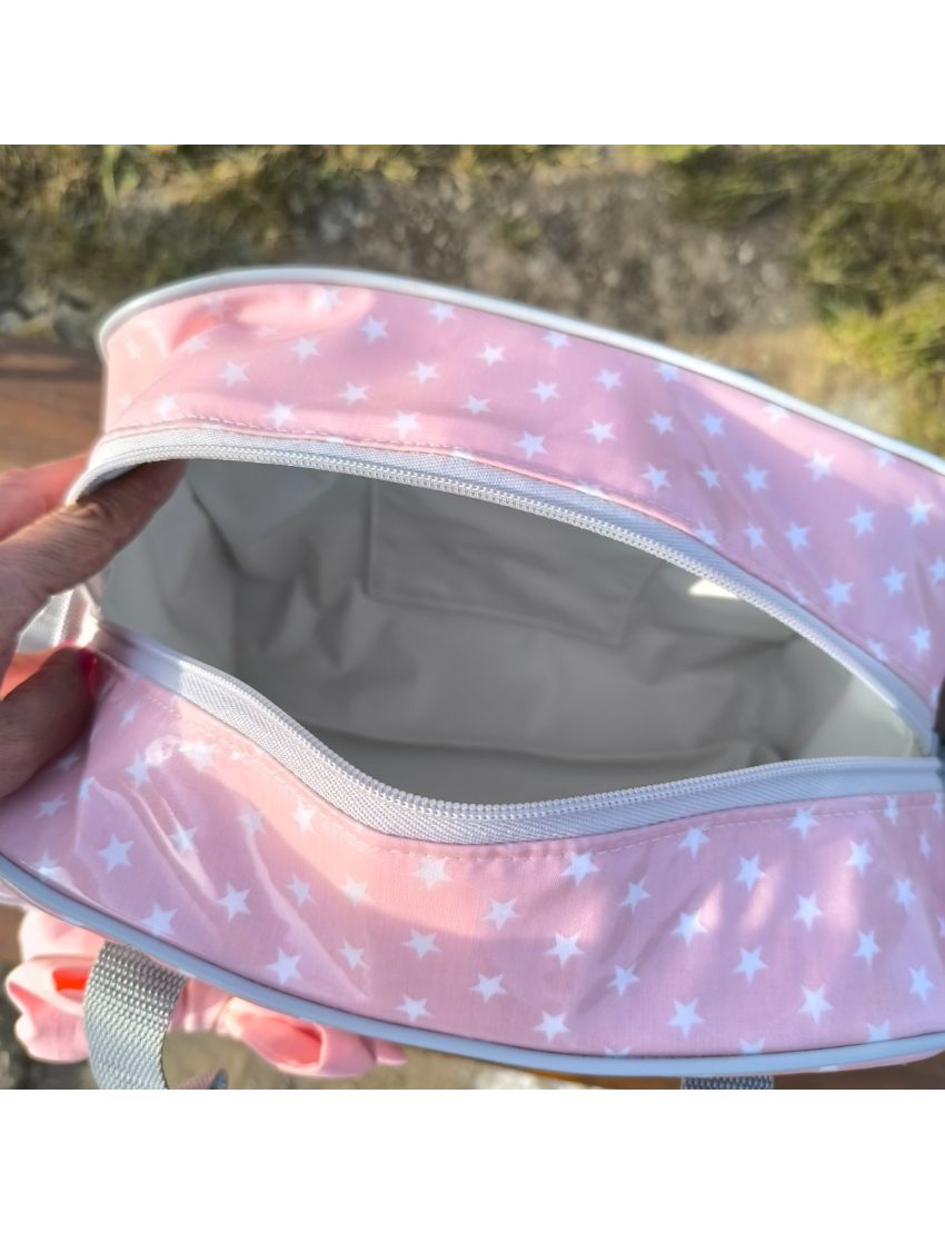 Lancheira rosa com folho e laço