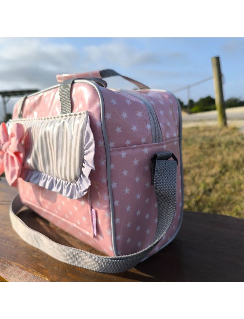 Lancheira rosa com folho e laço