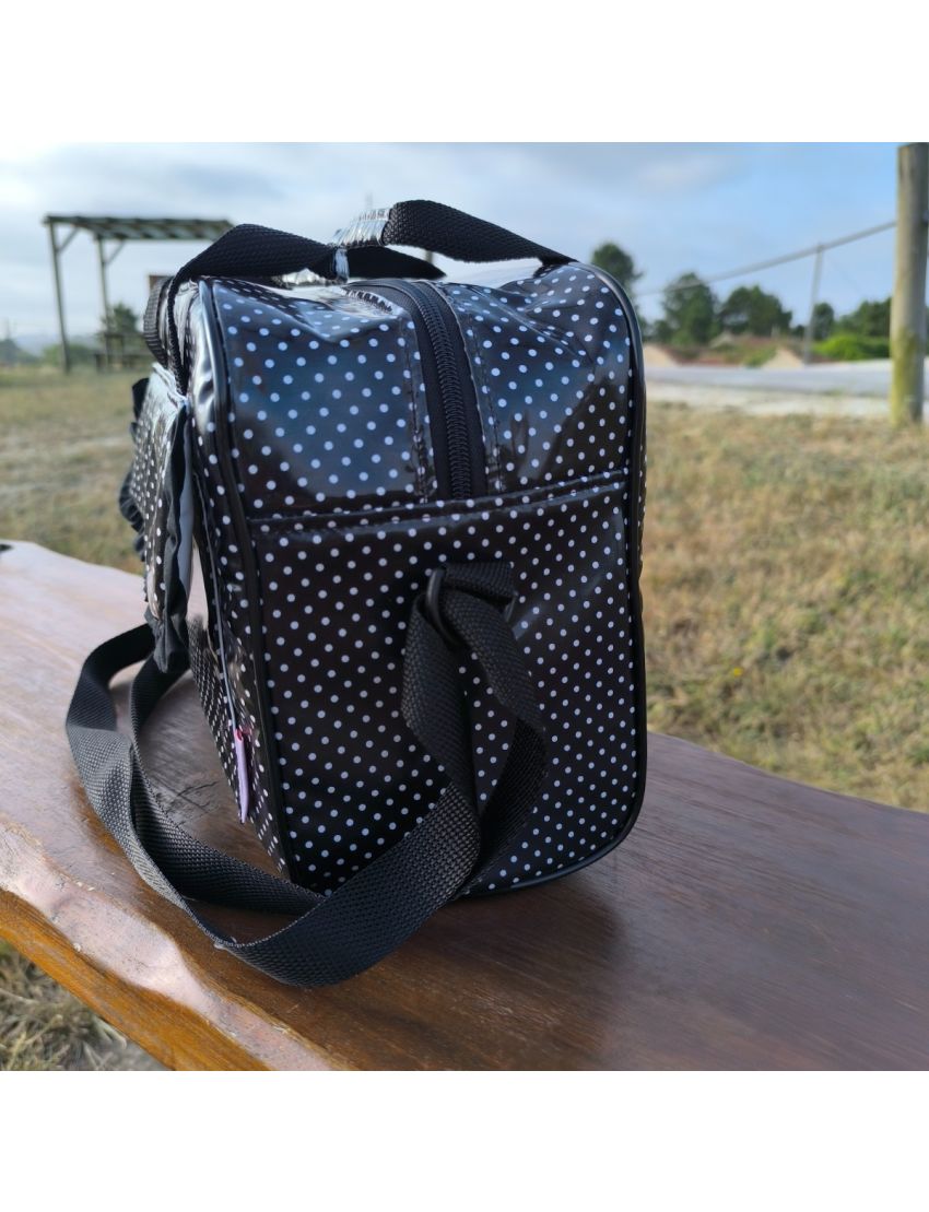 Lancheira preta com bolinhas brancas