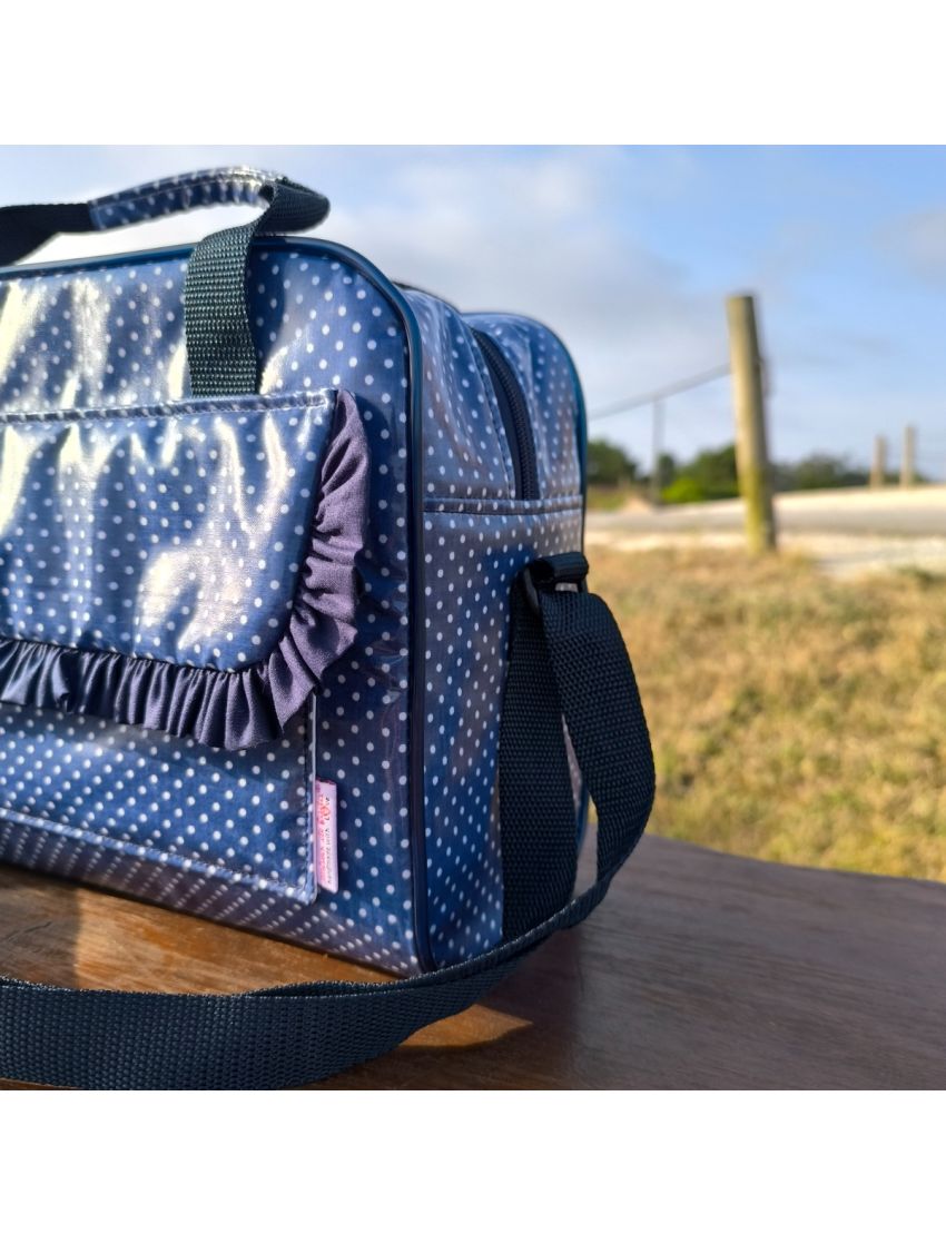 Lancheira azul com bolinhas brancas