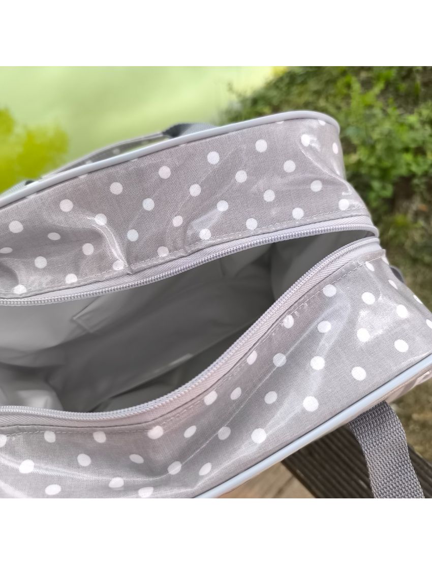 Lancheira com bolas e riscas cinza