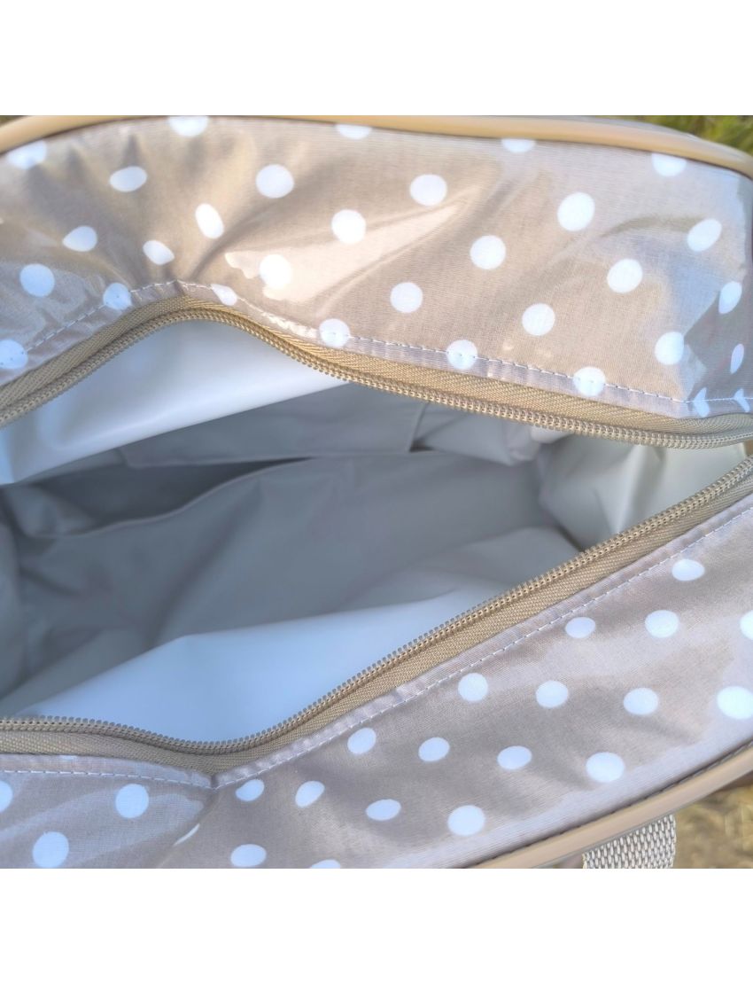 Lancheira bolas e riscas bege