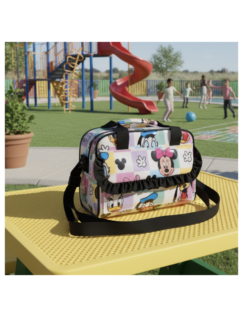 Lancheira de criança com personagens da Disney colocada em cima de uma mesa no recreio de uma escola. Folho, fecho e alças pretas 