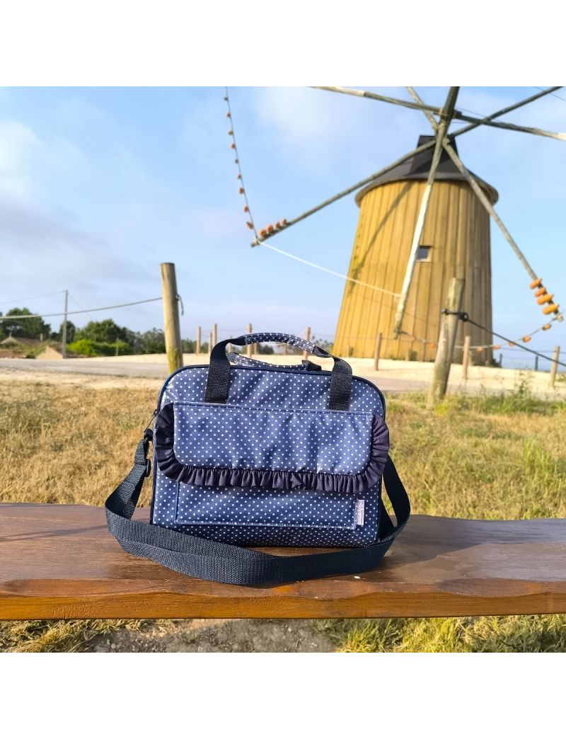 Lancheira azul com bolinhas brancas