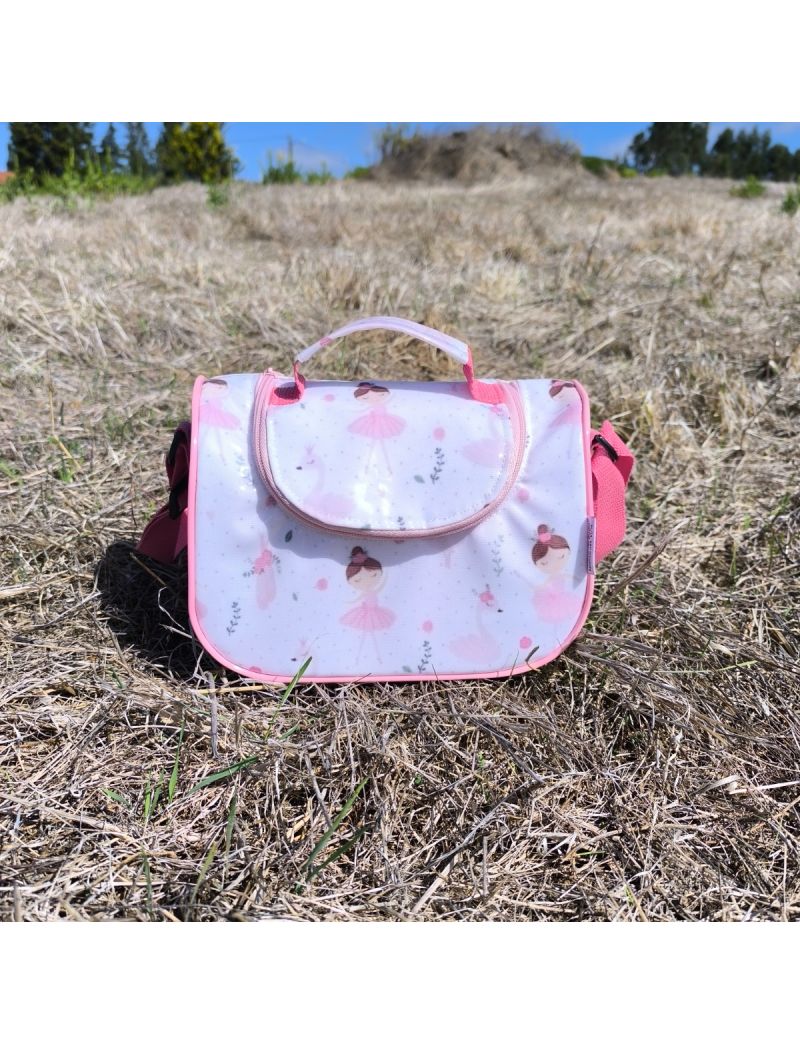 Mochila de criança em formato baú com padrão de bailarinas, Fecho e alças em cor de rosa 